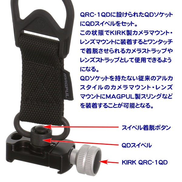 QRC-1QDに設けられたQDソケットにQDスイベルをセット。この状態でKIRK製カメラマウント・レンズマウントに装着するとワンタッチで着脱させられるカメラストラップやレンズストラップとして使用できるようになる。